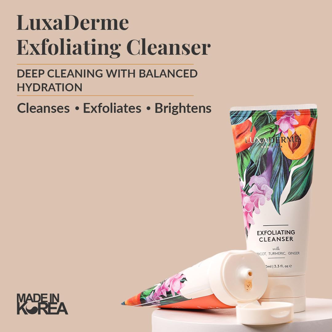LuxaDerme Korean Exfoliating Face Cleanser for Dry to Normal Skin, 100ml, Sulphate-Free Non-Comedogenic Vegan Formula - front