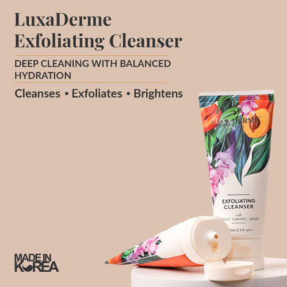 LuxaDerme Korean Exfoliating Face Cleanser for Dry to Normal Skin, 100ml, Sulphate-Free Non-Comedogenic Vegan Formula - front