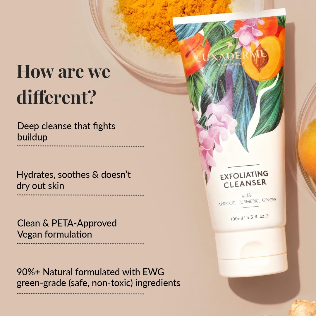 LuxaDerme Korean Exfoliating Face Cleanser for Dry to Normal Skin, 100ml, Sulphate-Free Non-Comedogenic Vegan Formula - ingre