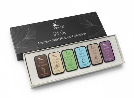 LYRAX Solid Perfume Collection Set of 6 - Unisex Oud, Vanilla, Citrus, Aqua, Musk & Velvet Notes - Travel Friendly Solid Perf