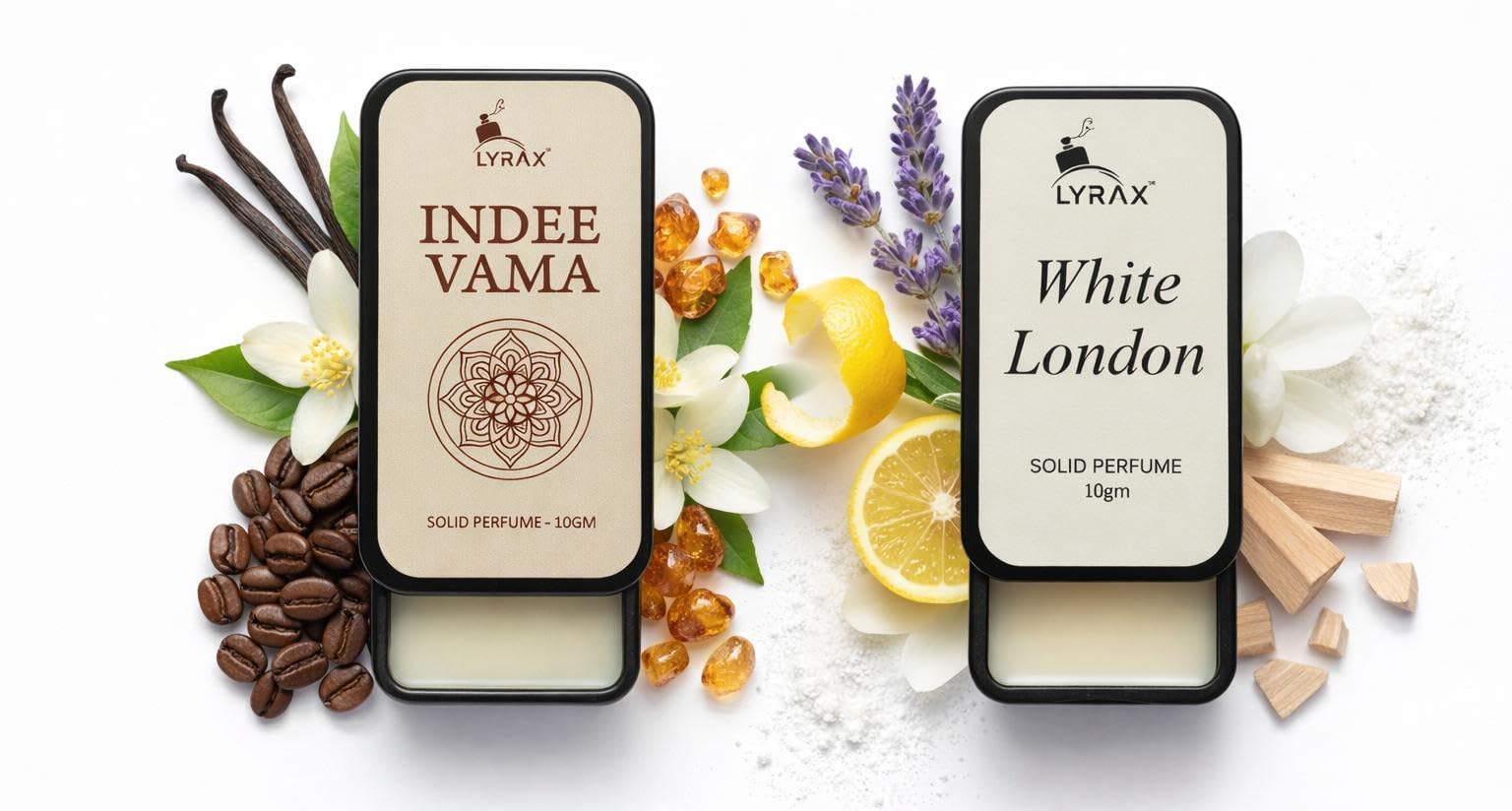 LYRAX Solid Perfume Combo for Men and Women - White London and Indee Vama - 10g Each, Pack of 2 - Unisex Travel Fragrance Bal