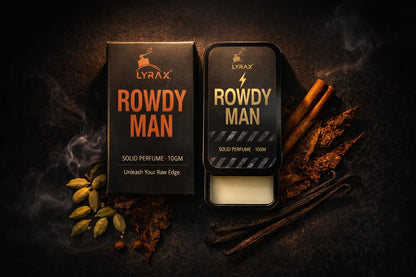LYRAX Solid Perfume Combo for Men, Pack of 2 - Rowdy Man & White London, Travel Friendly Fragrance Balm - front view