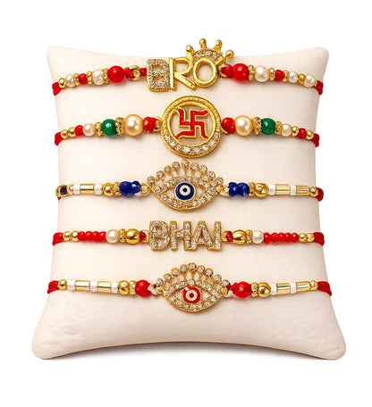 Maashiv Creations Rakhi Combo Set of 5, Traditional Kundan Rakhi Bracelets, Raksha Bandhan Gift for Brother