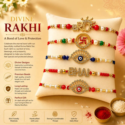 Maashiv Creations Rakhi Combo Set of 5, Traditional Kundan Rakhi Bracelets, Raksha Bandhan Gift for Brother - front view