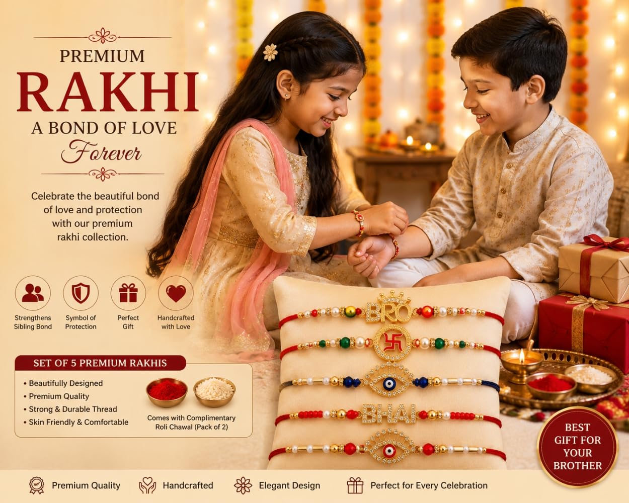 Maashiv Creations Rakhi Combo Set of 5, Traditional Kundan Rakhi Bracelets, Raksha Bandhan Gift for Brother - back view