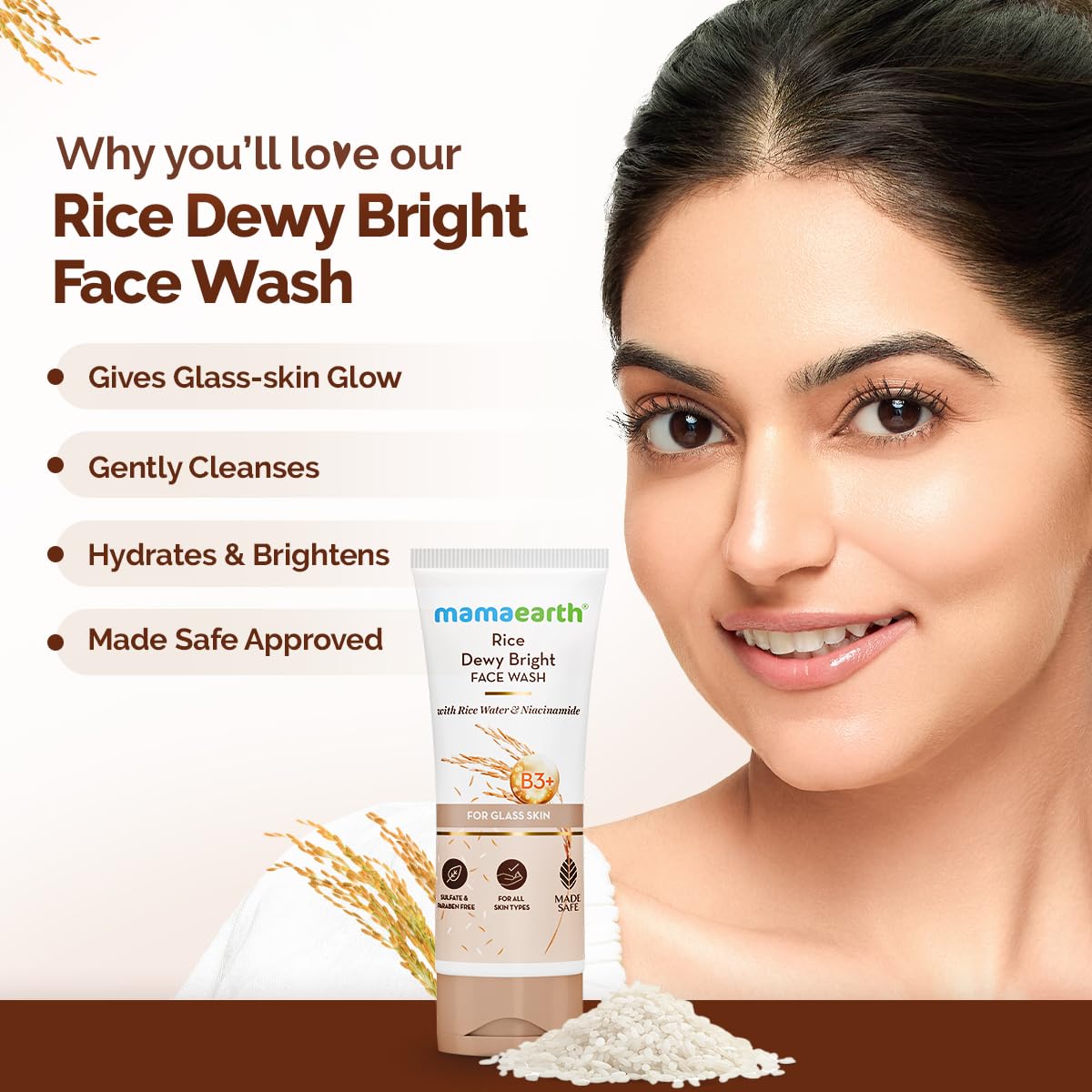 Mamaearth Rice Dewy Bright Face Wash with Rice Water & Niacinamide, Face Cleanser for All Skin Types, Unisex Adult - back vie