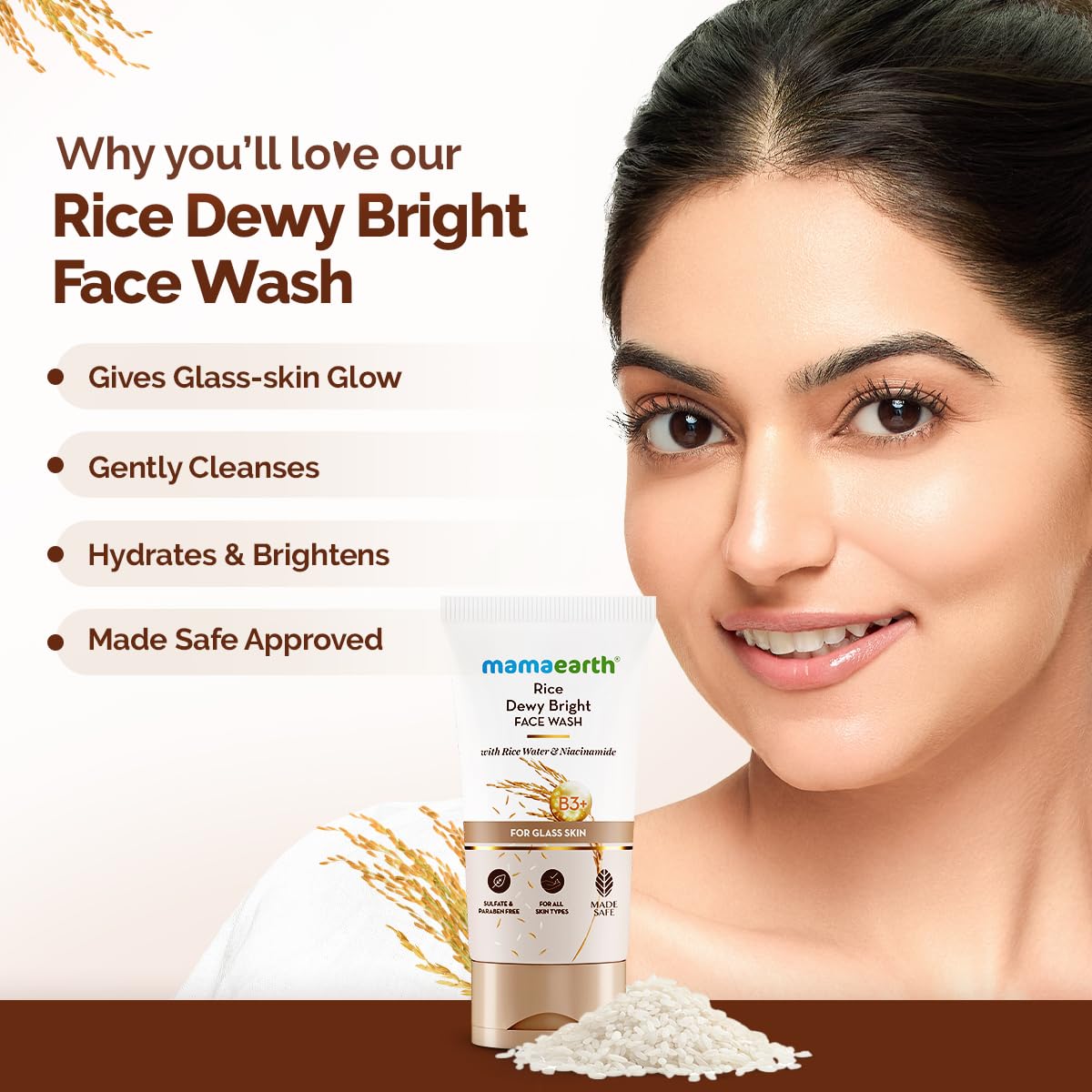 Mamaearth Rice Dewy Bright Face Wash with Rice Water & Niacinamide, Face Cleanser for All Skin Types, Unisex Adult - back vie