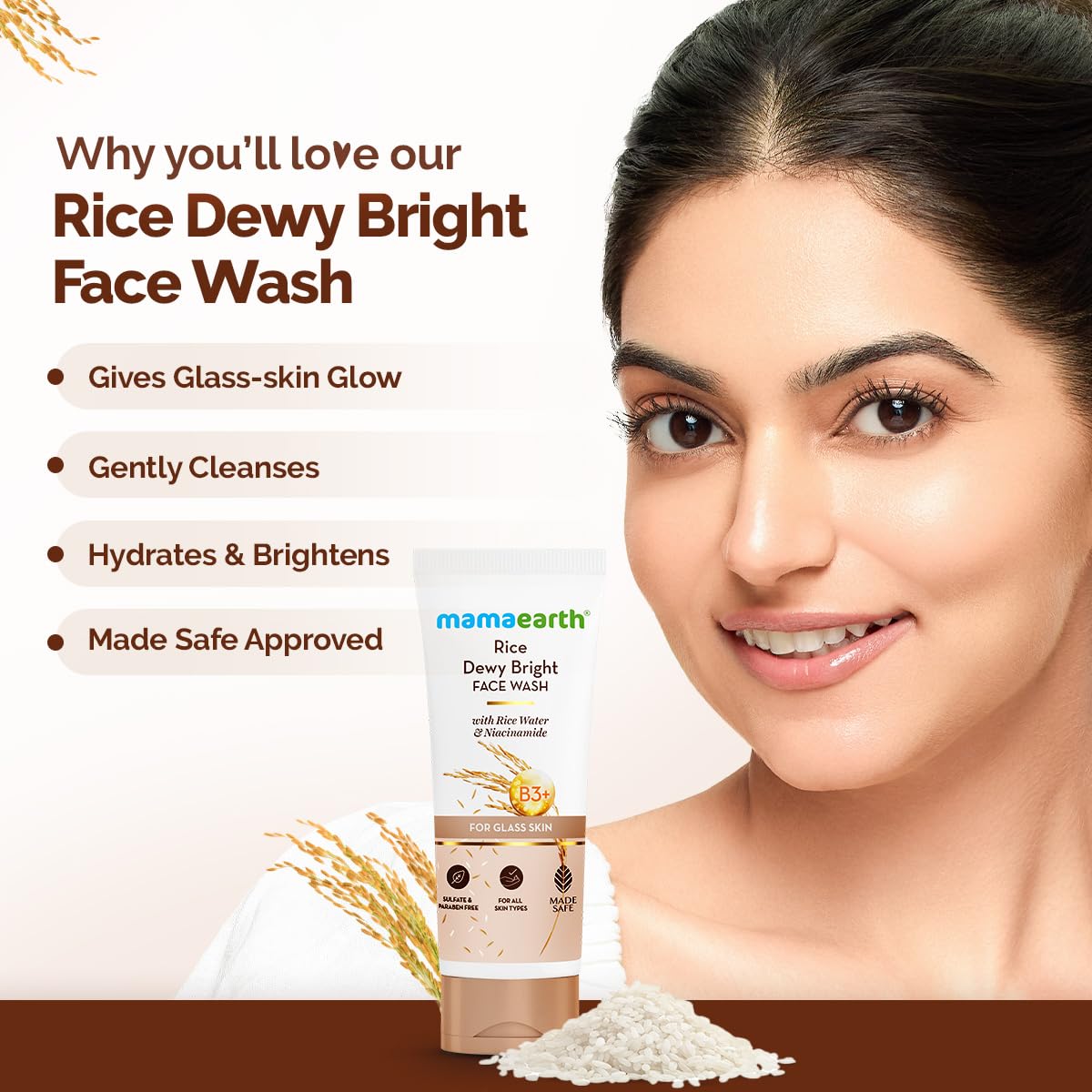 Mamaearth Rice Dewy Bright Face Wash with Rice Water & Niacinamide, Face Cleanser for All Skin Types, Unisex Adult - front vi
