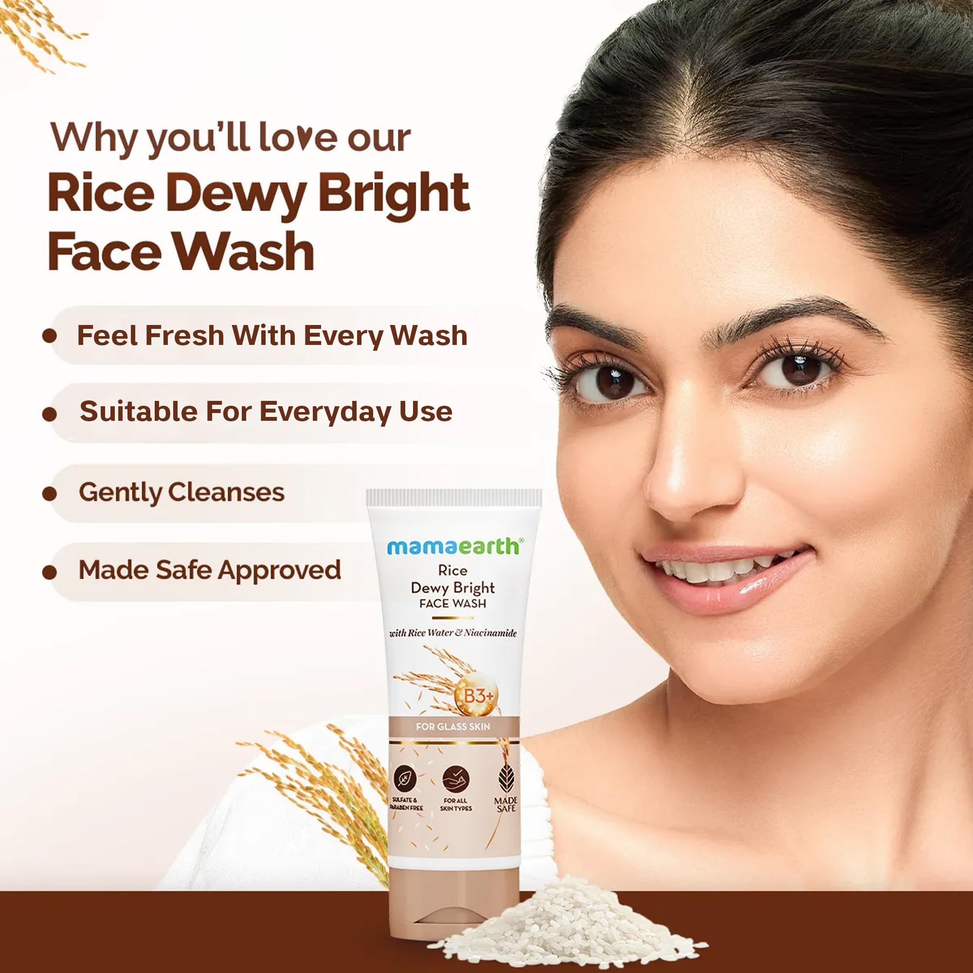 Mamaearth Rice Dewy Bright Face Wash with Rice Water & Niacinamide, Face Cleanser for All Skin Types, Unisex Adult - packagin