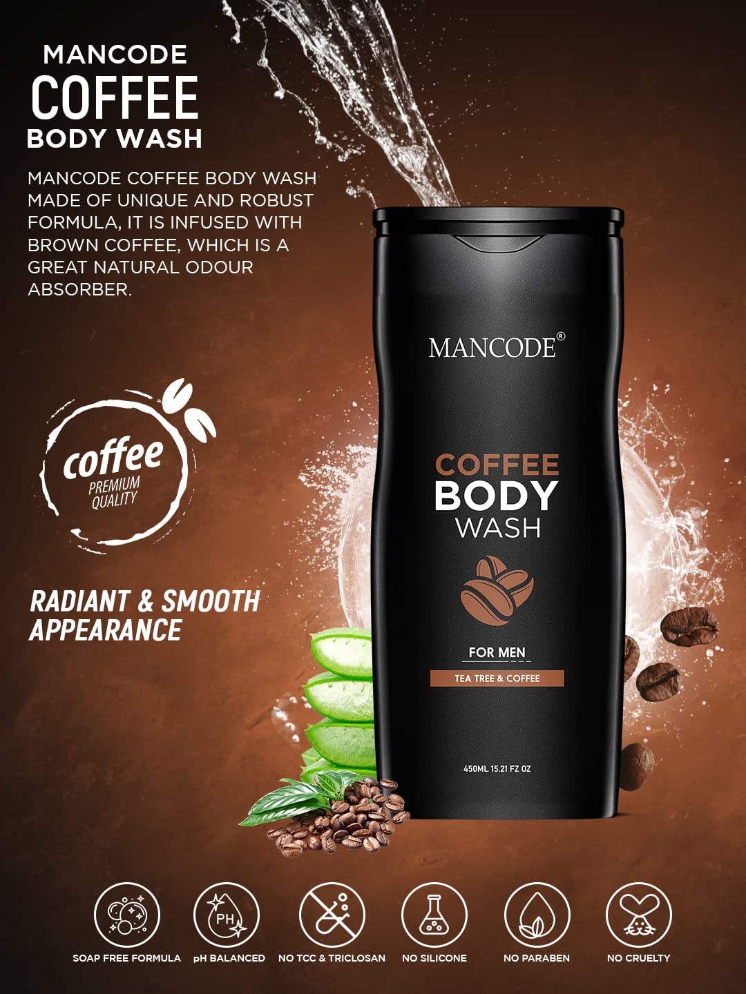 MAN CODE Coffee Body Wash for Men, 450ml with Coffee Extract and Natural Oils, Sulfate-Free, Pack of 1 - packaging
