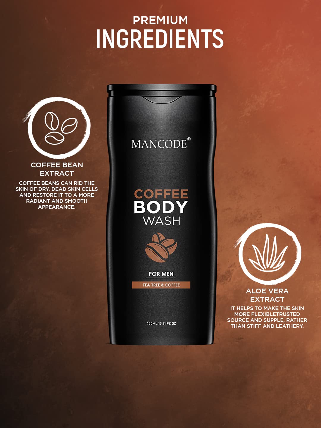 MAN CODE Coffee Body Wash for Men, 450ml with Coffee Extract and Natural Oils, Sulfate-Free, Pack of 1 - ingredients panel