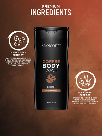 MAN CODE Coffee Body Wash for Men, 450ml with Coffee Extract and Natural Oils, Sulfate-Free, Pack of 1 - ingredients panel