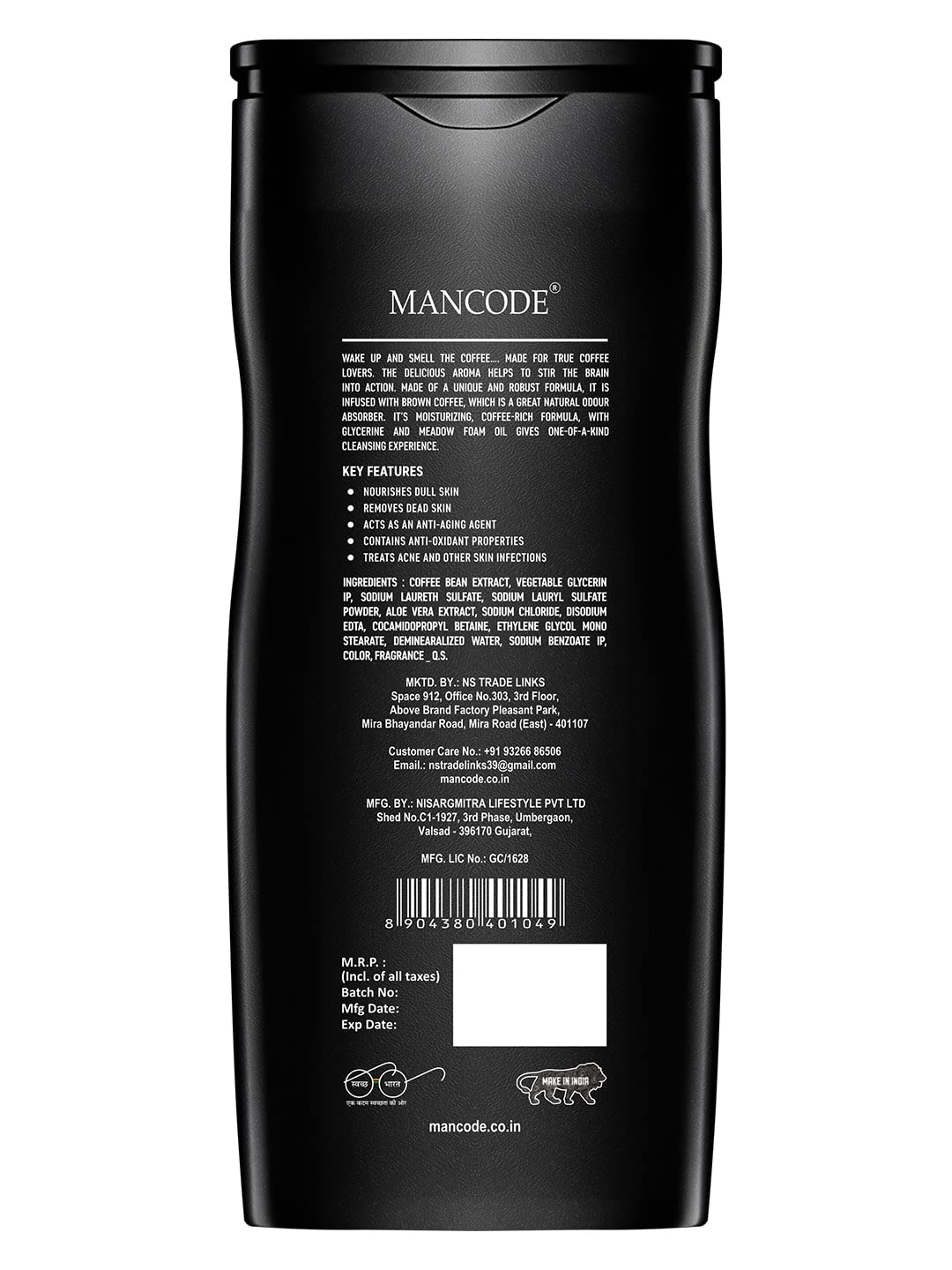 MAN CODE Coffee Body Wash for Men, 450ml with Coffee Extract and Natural Oils, Sulfate-Free, Pack of 1 - size and scale
