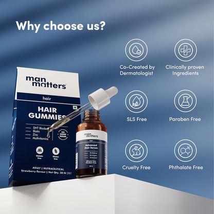 Man Matters Hair Care Kit: Biotin Gummies 30 Count & Advanced Serum 30ml - in use