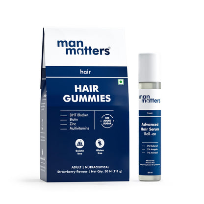 Man Matters Stage 1 Biotin Vitamin Supplement Kit, Strawberry Gummies & 25ml Serum Roll-On, Adult