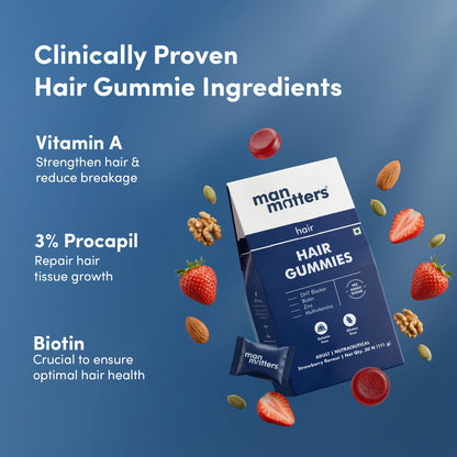 Man Matters Stage 1 Biotin Vitamin Supplement Kit, Strawberry Gummies & 25ml Serum Roll-On, Adult - packaging