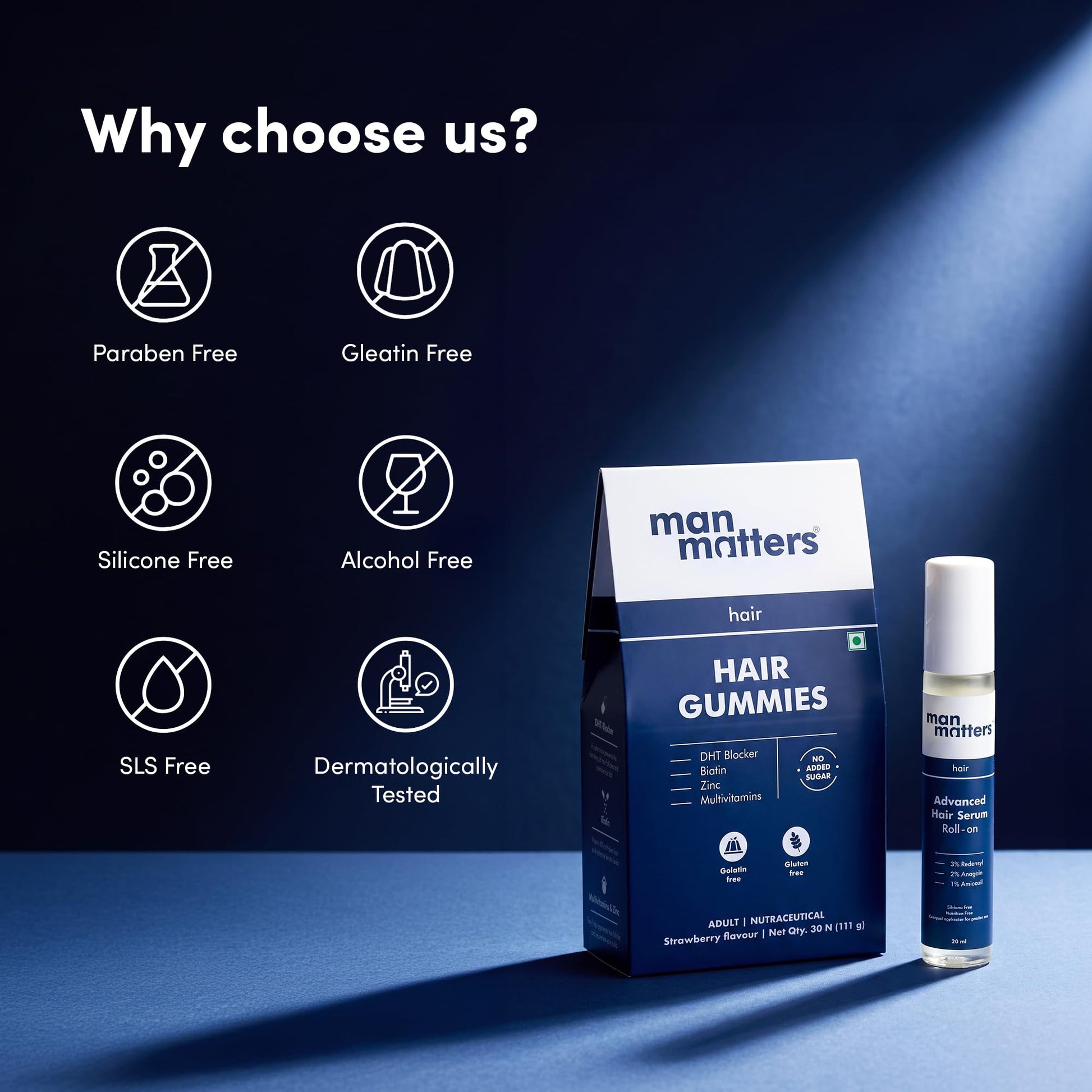 Man Matters Stage 1 Biotin Vitamin Supplement Kit, Strawberry Gummies & 25ml Serum Roll-On, Adult - close-up detail