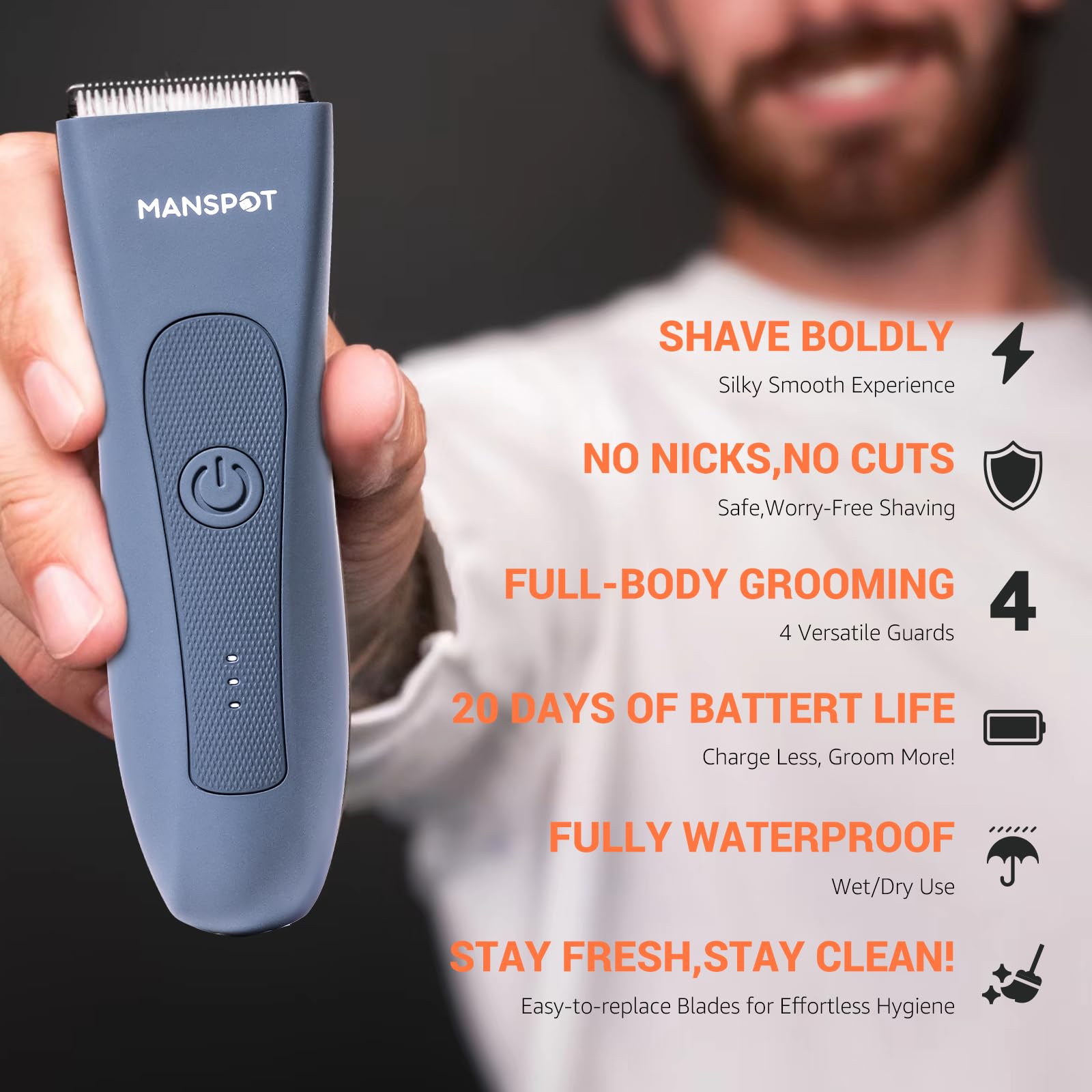 MANSPOT Body Hair Trimmer for Men with Ceramic Blade, IPX7 Waterproof, Rechargeable with 4 Guide Lengths - back view (12)