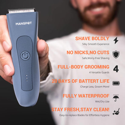MANSPOT Body Hair Trimmer for Men with Ceramic Blade, IPX7 Waterproof, Rechargeable with 4 Guide Lengths - back view (12)