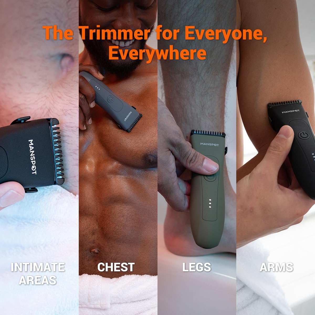 MANSPOT Body Hair Trimmer for Men with Ceramic Blade, IPX7 Waterproof, Rechargeable with 4 Guide Lengths - size and scale (18