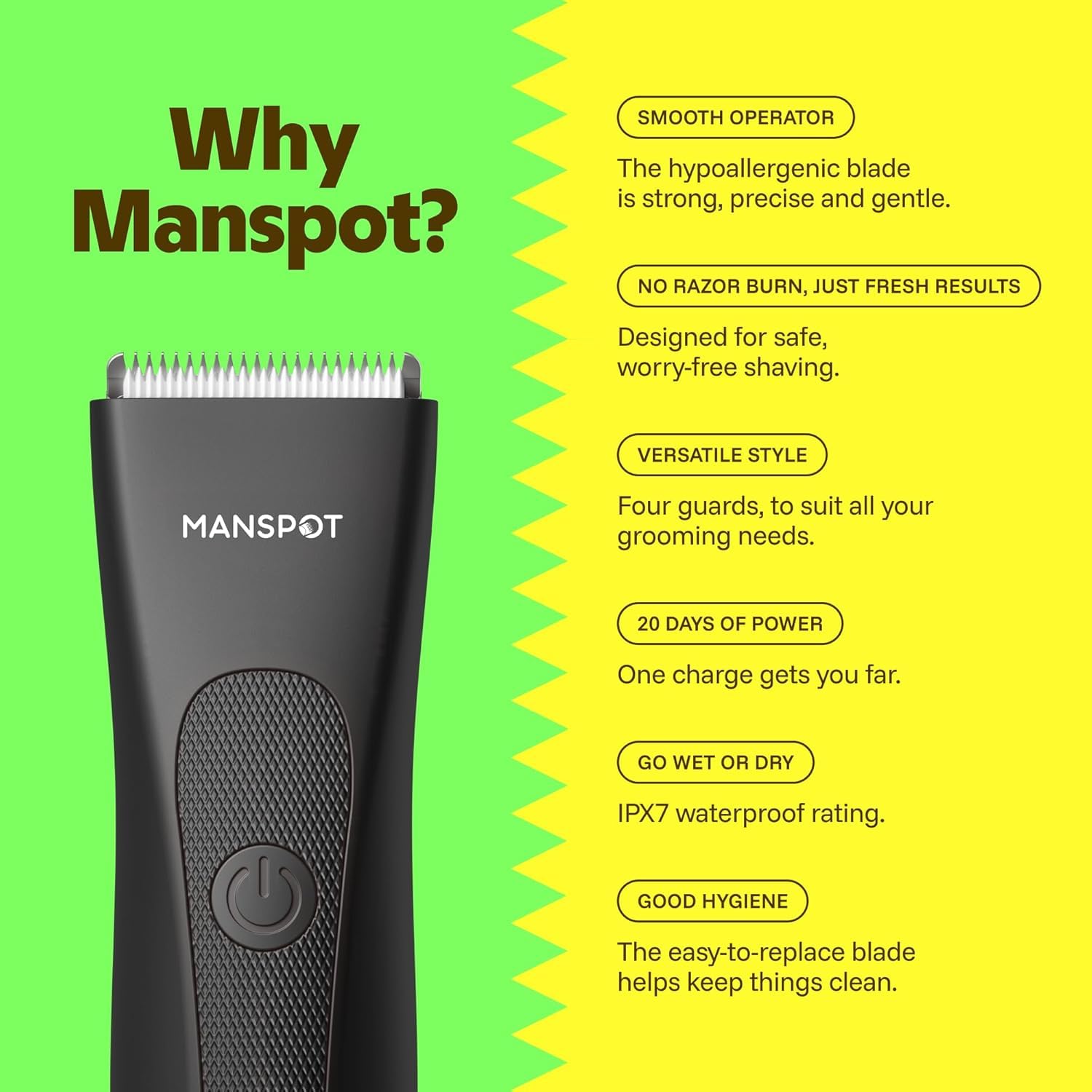 MANSPOT Body Hair Trimmer for Men with Ceramic Blade, IPX7 Waterproof, Rechargeable with 4 Guide Lengths - front view