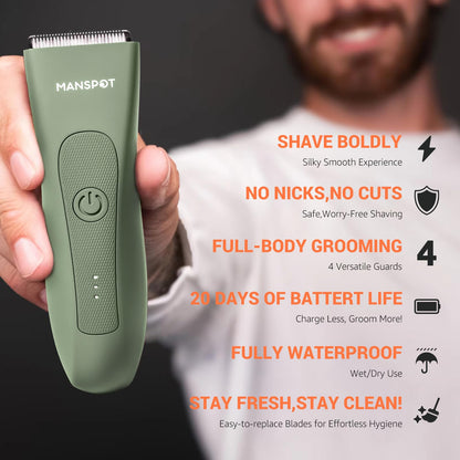 MANSPOT Body Hair Trimmer for Men with Ceramic Blade, IPX7 Waterproof, Rechargeable with 4 Guide Lengths - back view (21)