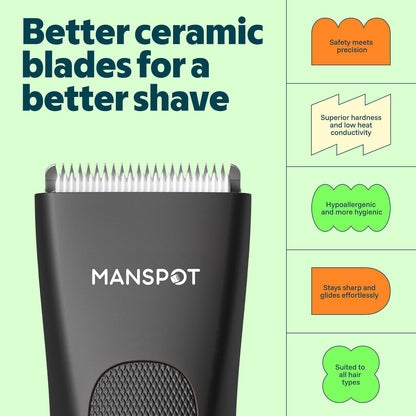 MANSPOT Body Hair Trimmer for Men with Ceramic Blade, IPX7 Waterproof, Rechargeable with 4 Guide Lengths - back view