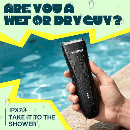 MANSPOT Body Hair Trimmer for Men with Ceramic Blade, IPX7 Waterproof, Rechargeable with 4 Guide Lengths - label detail