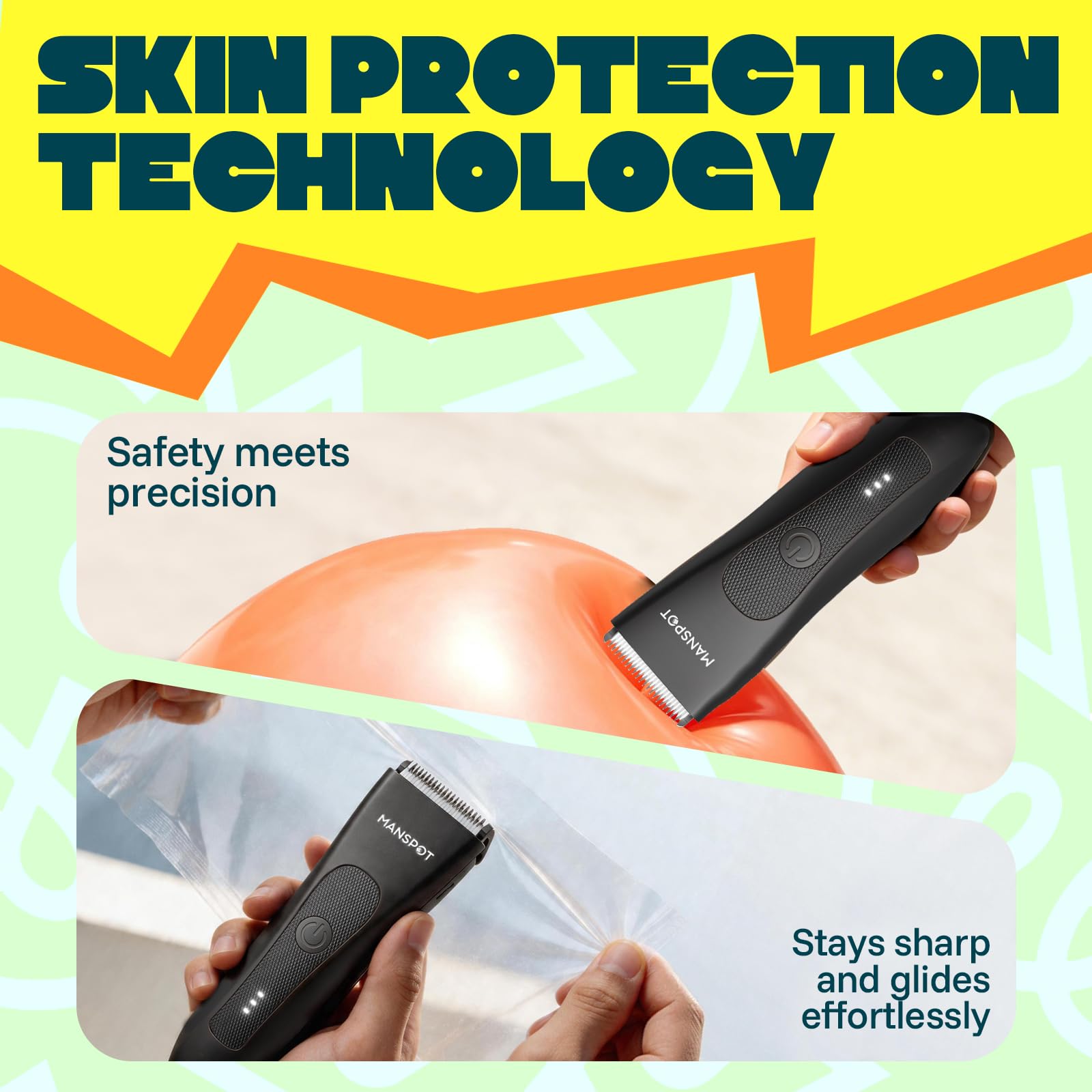 MANSPOT Body Hair Trimmer for Men with Ceramic Blade, IPX7 Waterproof, Rechargeable with 4 Guide Lengths - size and scale