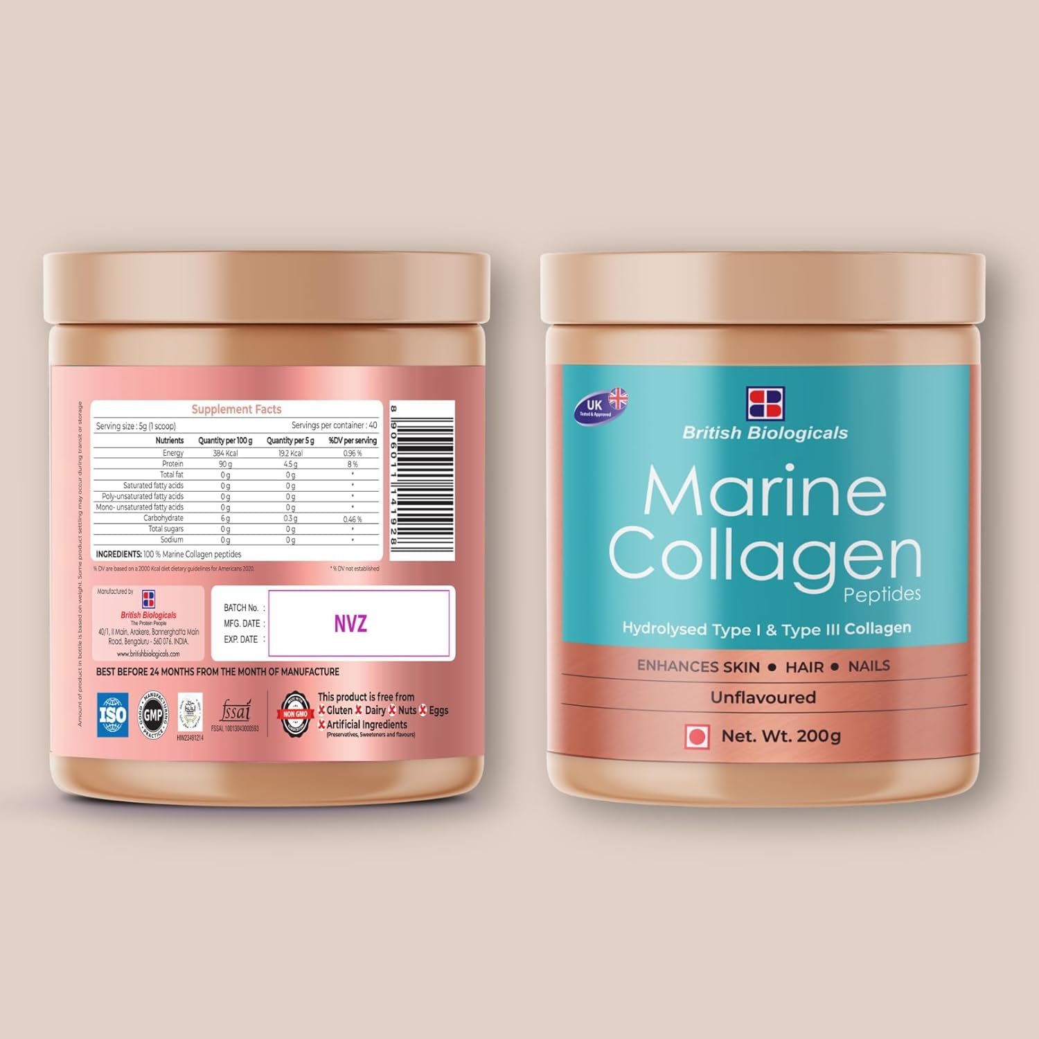 Marine Collagen Peptides Powder Type I & III, 400g, Unflavoured, Pack of 2 - front view