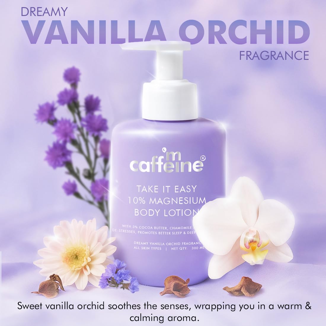 mCaffeine 10% Magnesium Body Lotion, 300ml, Vanilla Orchid Fragrance, 3% Cocoa Butter, 5 Ceramides, Non-Greasy, Unisex - labe