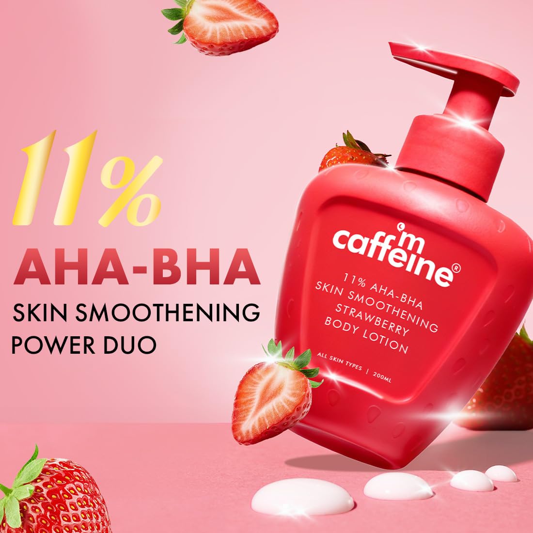 mCaffeine 11% AHA BHA Strawberry Body Lotion, 200ml, Unisex, PETA certified - front view