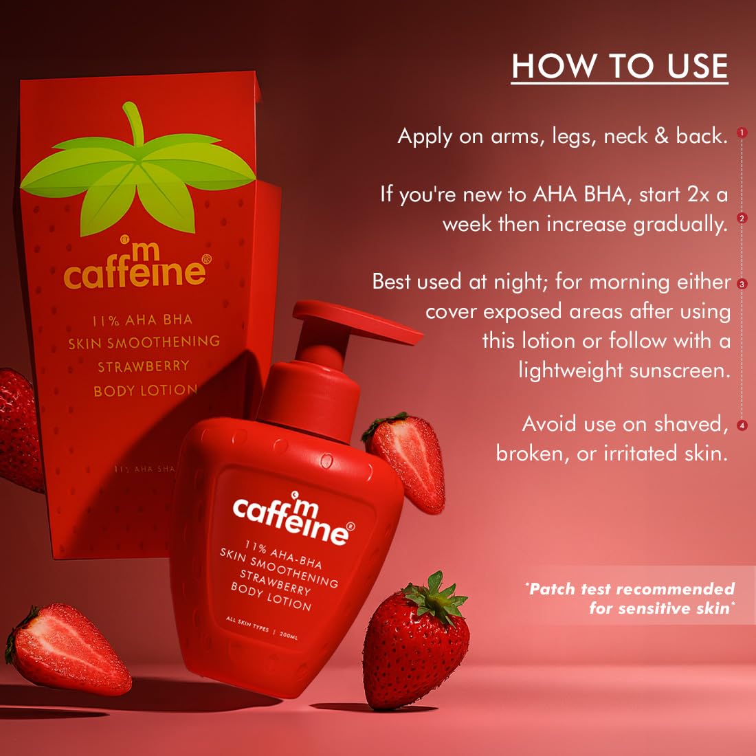 mCaffeine 11% AHA BHA Strawberry Body Lotion, 200ml, Unisex, PETA certified - size and scale