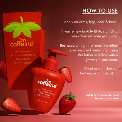 mCaffeine 11% AHA BHA Strawberry Body Lotion, 200ml, Unisex, PETA certified - size and scale