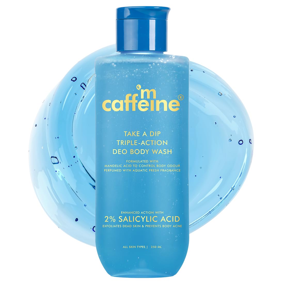 mcaffeine 2% Salicylic Acid & Mandelic Acid 3-in-1 Body Wash, 250ml, Unisex, Aqua Fresh Fragrance, PETA Certified - front vie