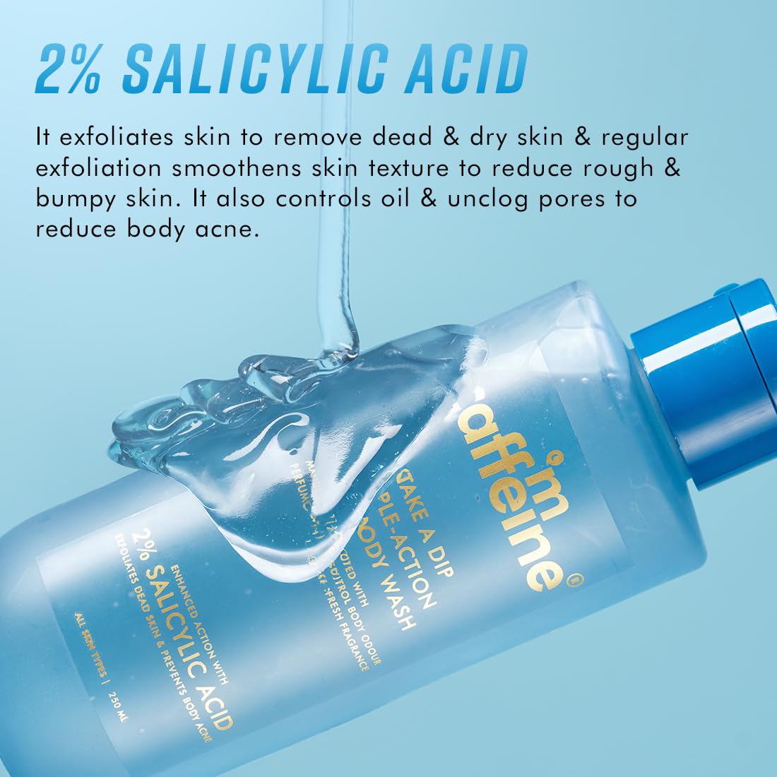mcaffeine 2% Salicylic Acid & Mandelic Acid 3-in-1 Body Wash, 250ml, Unisex, Aqua Fresh Fragrance, PETA Certified - label det
