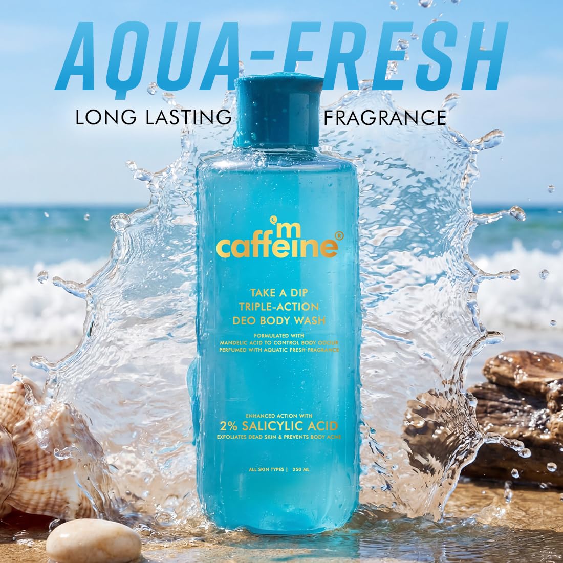 mcaffeine 2% Salicylic Acid & Mandelic Acid 3-in-1 Body Wash, 250ml, Unisex, Aqua Fresh Fragrance, PETA Certified - close-up
