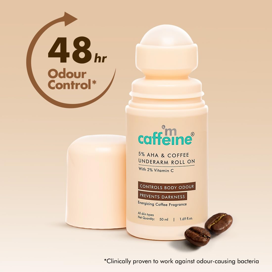 mcaffeine 5% AHA Coffee Underarm Roll On Deodorant, 50ml, Alcohol & Aluminum Free - front view
