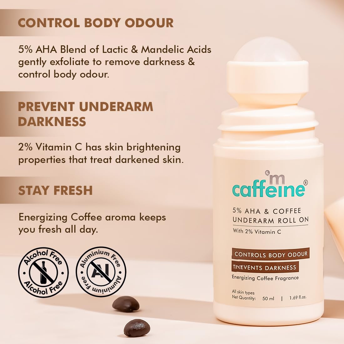 mcaffeine 5% AHA Coffee Underarm Roll On Deodorant, 50ml, Alcohol & Aluminum Free - packaging