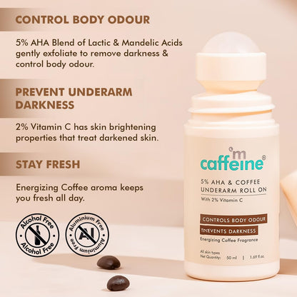 mcaffeine 5% AHA Coffee Underarm Roll On Deodorant, 50ml, Alcohol & Aluminum Free - packaging