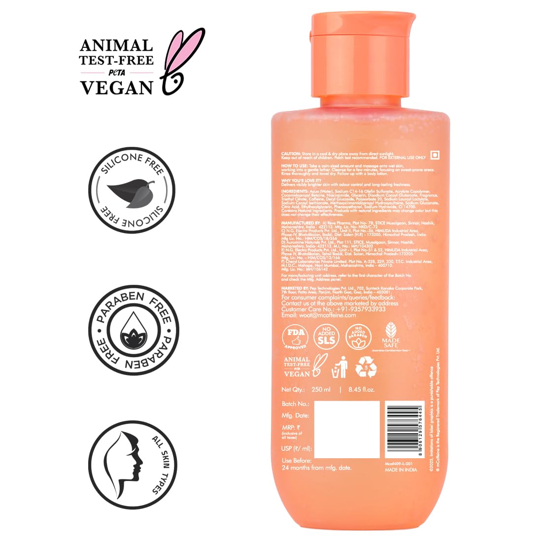 mcaffeine 5% Niacinamide Perfume Body Wash, 250ml, PETA Certified, Unisex, Paraben-Free, SLS-Free - in use