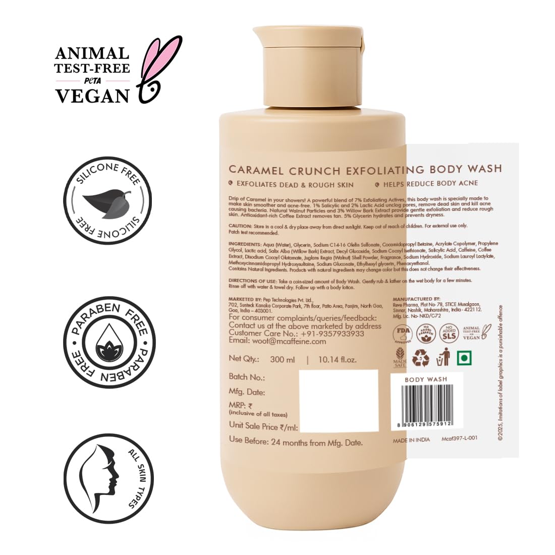 mcaffeine 7% Exfoliating Body Wash Gel, 300ml, 1% Salicylic and 2% Lactic Acid, Unisex - size and scale