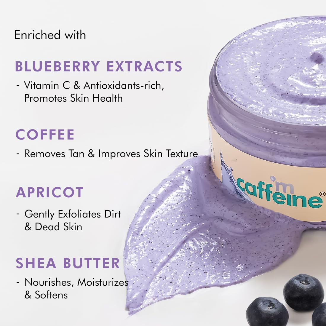 mcaffeine Blueberry Breeze Body Scrub, 175g, Coffee, Apricot, Shea Butter & Blueberry Extract, Fruity Aroma, Unisex - label d