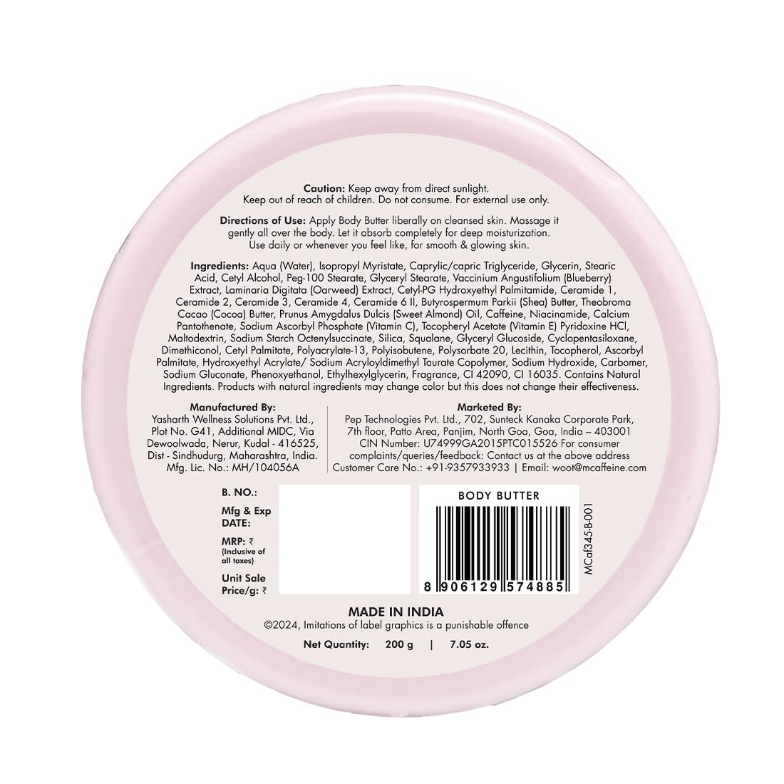 mcaffeine Blueberry Swirl Body Butter, 200g, 5 Ceramides, Shea and Cocoa Butter, Unisex - front view