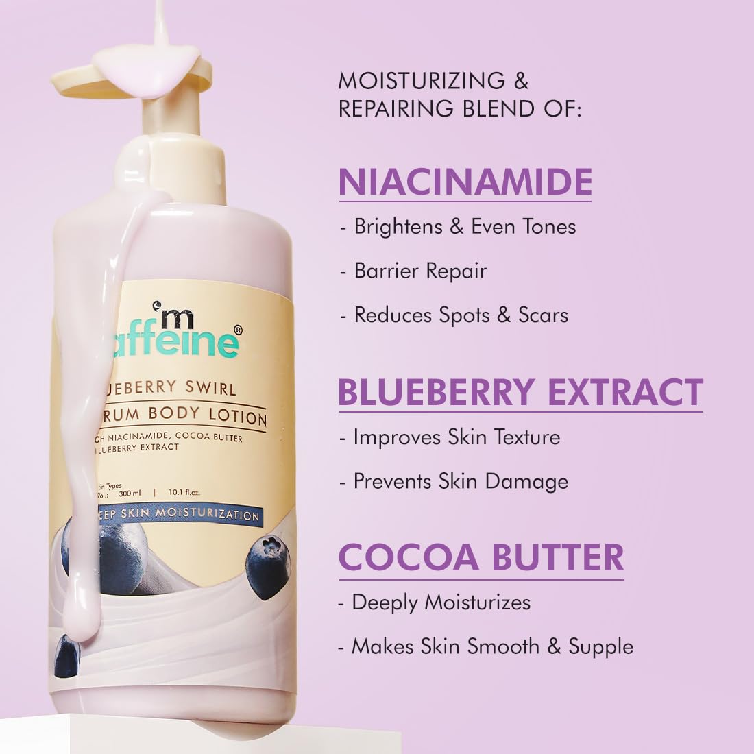 mcaffeine Blueberry Swirl Serum Body Lotion, 300ml, with Niacinamide, Cocoa Butter & Blueberry, Unisex - label detail