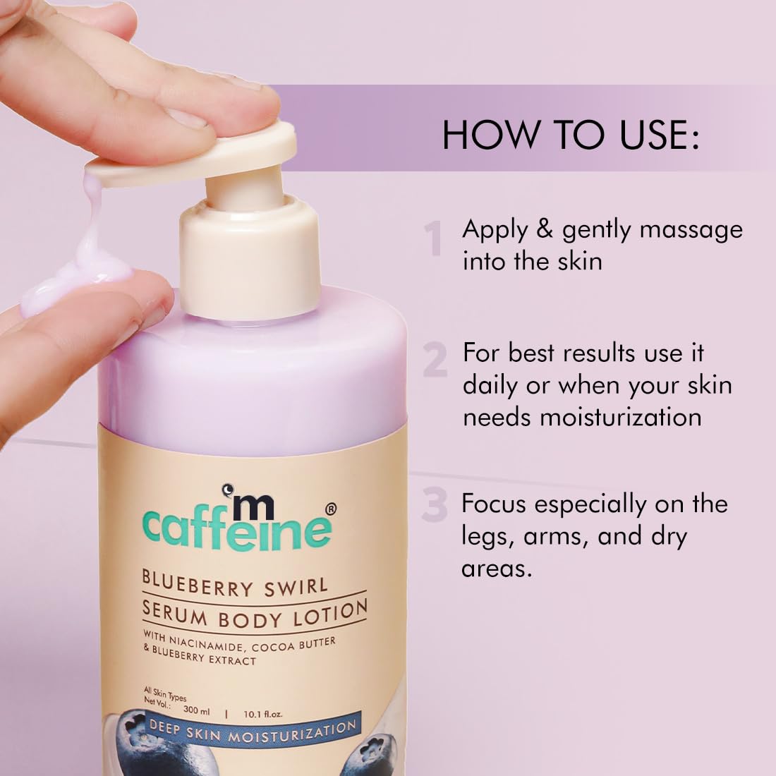 mcaffeine Blueberry Swirl Serum Body Lotion, 300ml, with Niacinamide, Cocoa Butter & Blueberry, Unisex - in use
