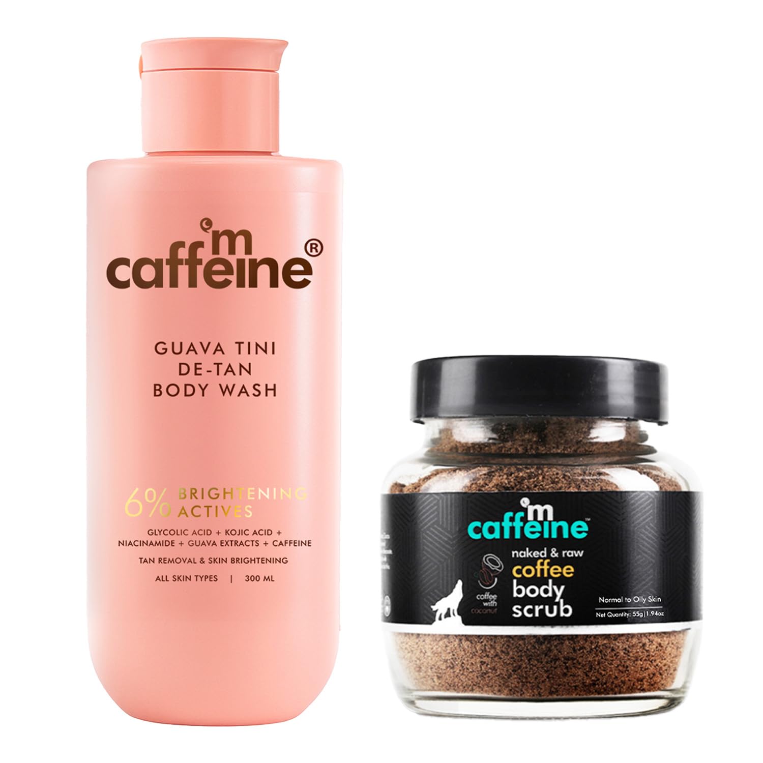 mCaffeine Body Scrub and Wash Combo, 300ml Guava Wash 1% Glycolic Acid, 55gm Coffee Scrub, Unisex