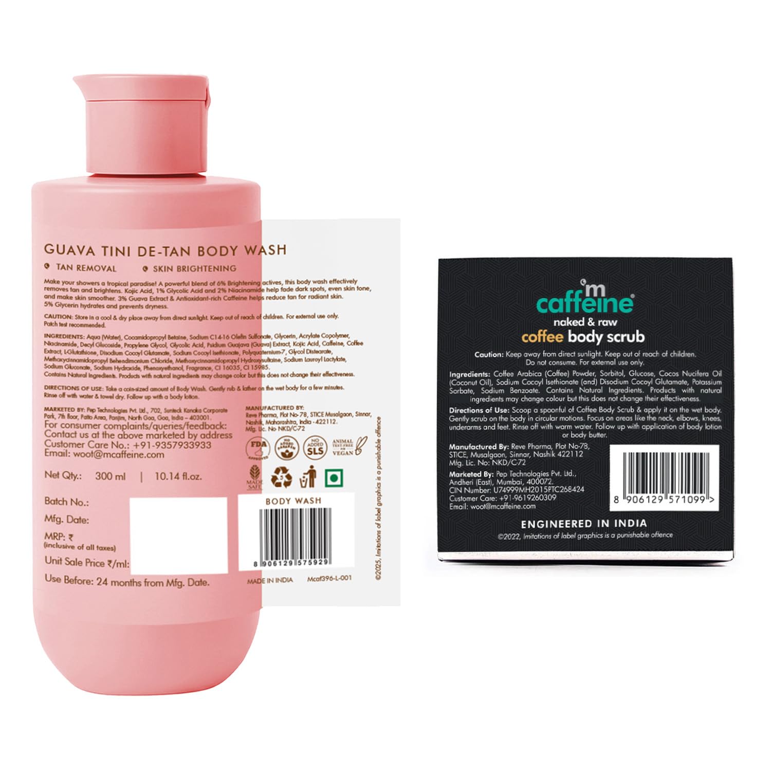 mCaffeine Body Scrub and Wash Combo, 300ml Guava Wash 1% Glycolic Acid, 55gm Coffee Scrub, Unisex - size and scale