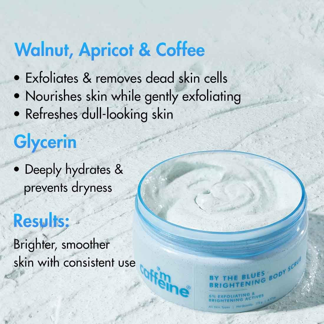 mcaffeine By The Blues 2-in-1 Body Scrub, 175g, Walnut, Apricot, Niacinamide, Glycerin - packaging