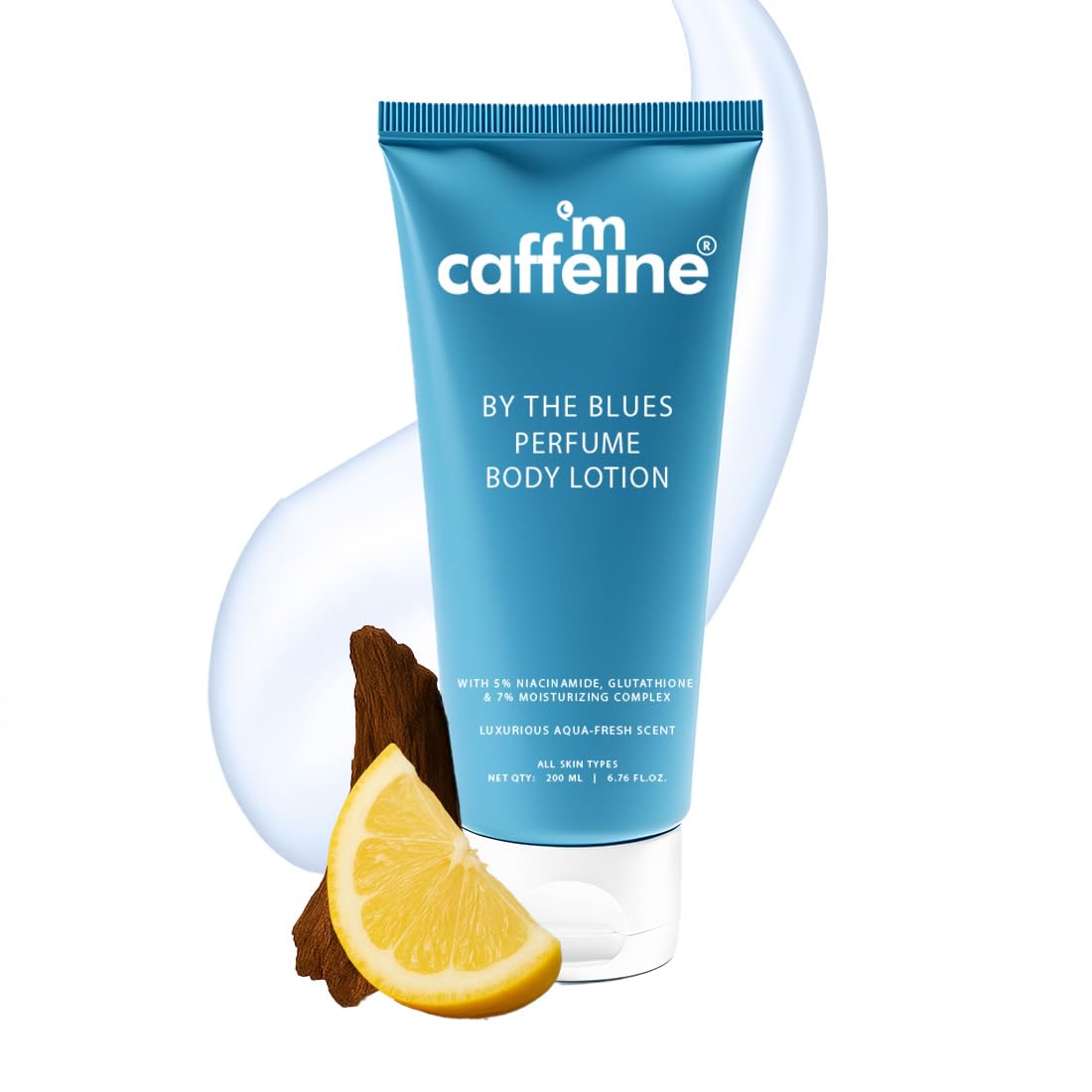 mCaffeine By The Blues Perfume Body Lotion 200ml | 5% Niacinamide & Glutathione for Brightening & Detan | Aquatic-Woody Fragr